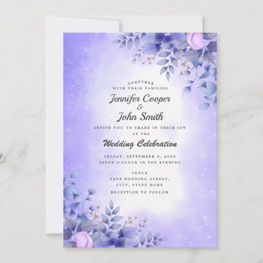 Chic Blue roze Roses Waterverf Wedding Invitati Kaart (Voorkant)