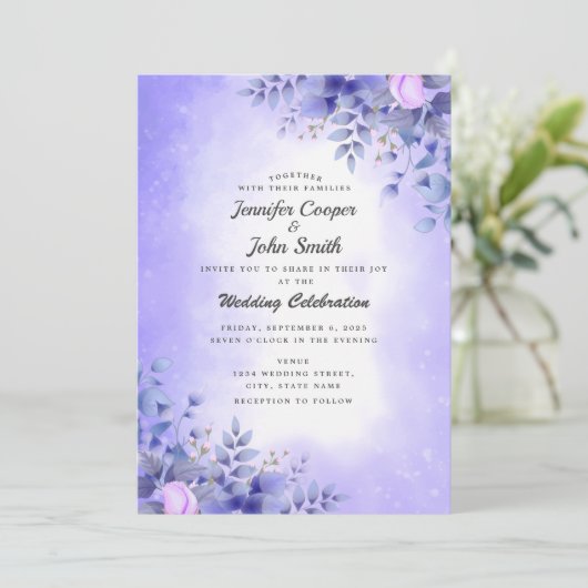 Chic Blue roze Roses Waterverf Wedding Invitati Kaart (Staand voorkant)