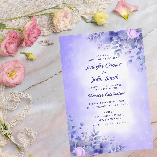 Chic Blue roze Roses Waterverf Wedding Invitati Kaart