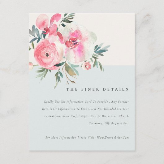 Chic Blue Roze Roze Orchid Floral Weddenschap Deta Informatiekaartje (Voorkant)