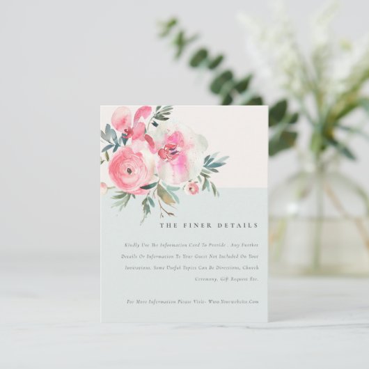 Chic Blue Roze Roze Orchid Floral Weddenschap Deta Informatiekaartje (Staand voorkant)