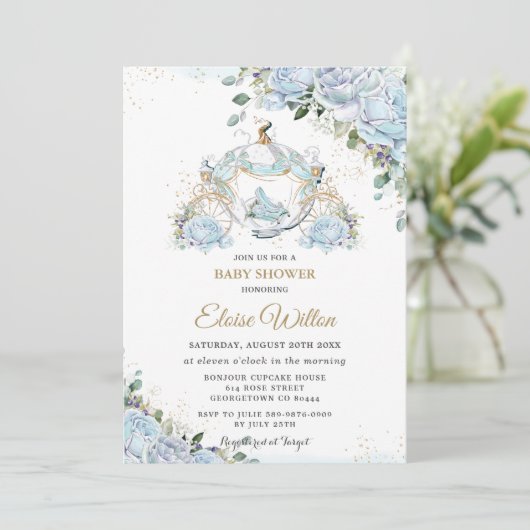 Chic Blue Rozen Princess Carriage Baby shower Kaart (Staand voorkant)