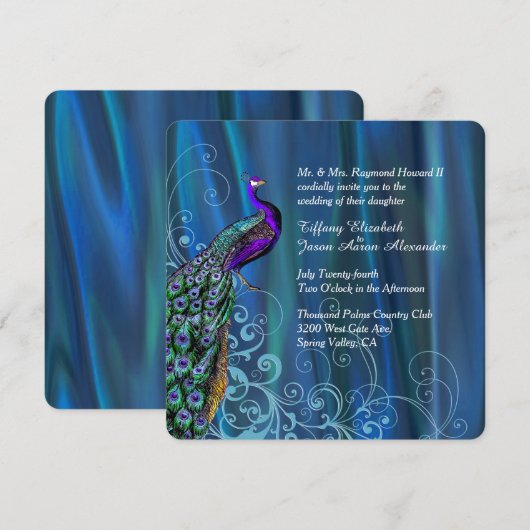 Chic Blue Satin en Peacock Wedding Invitation Kaart (Voorkant / Achterkant)
