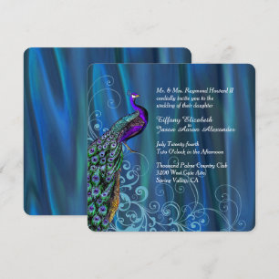 Chic Blue Satin en Peacock Wedding Invitation Kaart