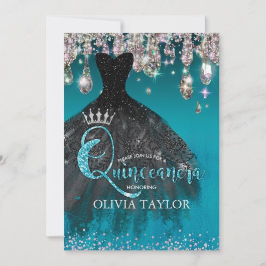 Chic Blue Silver druipt Quinceanera Kaart (Voorkant)