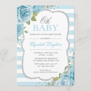 Chic Blue Silver Floral Boy Baby shower Kaart