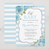 Chic Blue Silver Floral Boy Baby shower Uitnodigin Kaart (Voorkant / Achterkant)