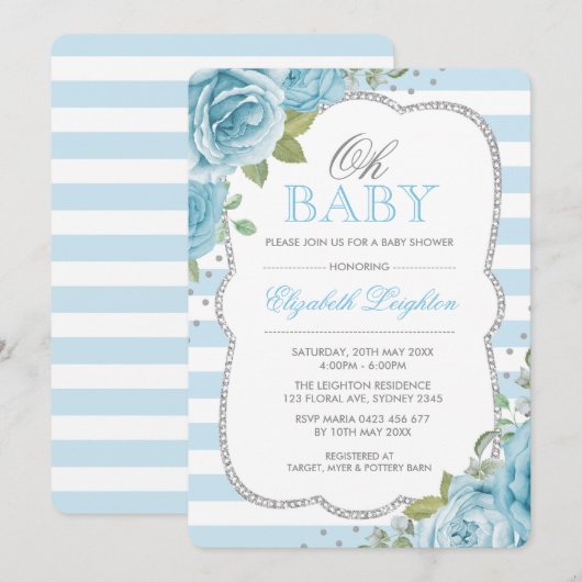 Chic Blue Silver Floral Boy Baby shower Uitnodigin Kaart (Voorkant / Achterkant)