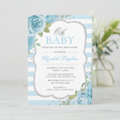 Chic Blue Silver Floral Boy Baby shower Uitnodigin Kaart (Staand voorkant)