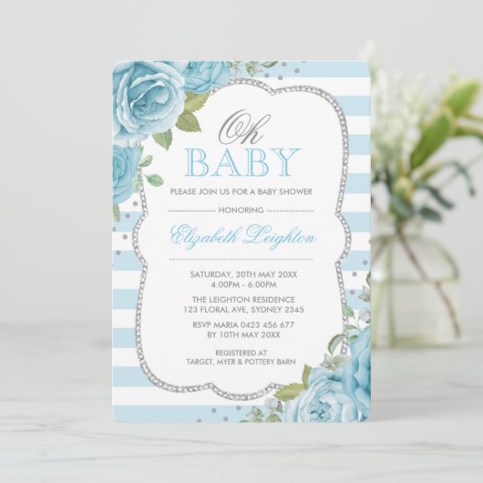 Chic Blue Silver Floral Boy Baby shower Uitnodigin Kaart (Staand voorkant)