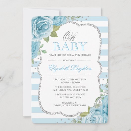 Chic Blue Silver Floral Boy Baby shower Uitnodigin Kaart (Voorkant)