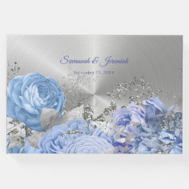 Chic Blue Silver Floral  Wedding Gastenboek