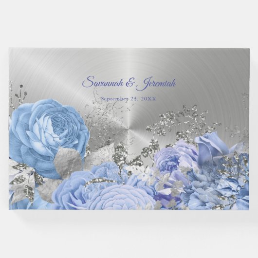 Chic Blue Silver Floral  Wedding Gastenboek (Voorkant)