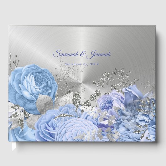 Chic Blue Silver Floral Wedding Gastenboek (Voorkant)