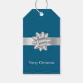 Chic Blue Silver Ribbon en Bow Christmas Cadeaulabel (Voorkant)