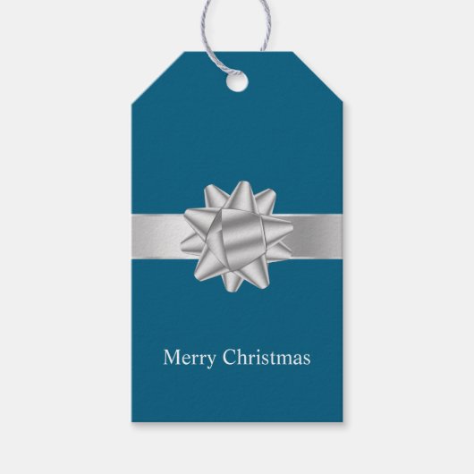 Chic Blue Silver Ribbon en Bow Christmas Cadeaulabel (Voorkant)