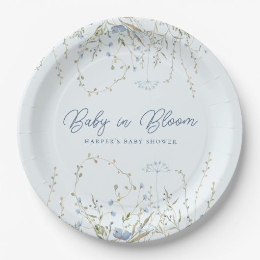 Chic Blue Sky Wildflower Boy Baby shower Papieren Bordje (Voorkant)