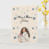 Chic Blue Snowflakes Brown Hair Female Kaart (Gele Bloem)