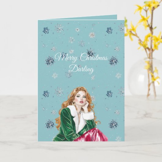 Chic Blue Snowflakes Red Head Female Kaart (Gele Bloem)