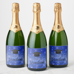 Chic Blue Sparkle Afstuderen Aangepaste GraduParti Sparkling Wijnetiket