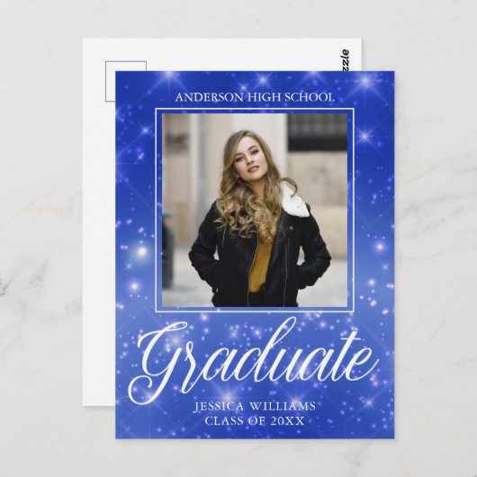 Chic Blue Sparkle Afstuderen Foto Afstuderen Briefkaart (Voorkant / Achterkant)