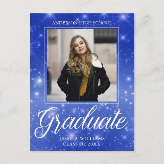 Chic Blue Sparkle Afstuderen Foto Afstuderen Briefkaart (Voorkant)