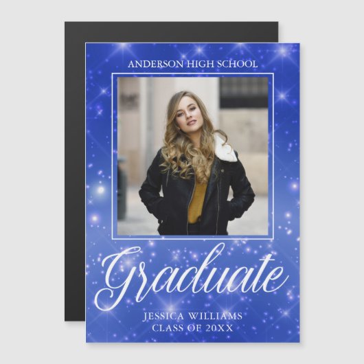 Chic Blue Sparkle Afstuderen Foto Magnetic Kaart (Voorkant / Achterkant)