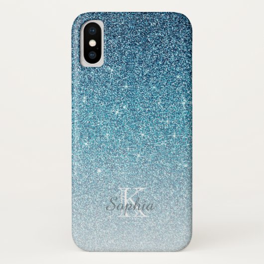 Chic Blue Sparkle Glitter Monogram Naam Case-Mate iPhone Case (Achterkant)