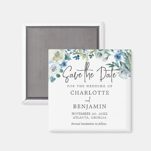 Chic Blue Spring Floral Bewaar de datum Magneet (Voorkant / Achterkant)