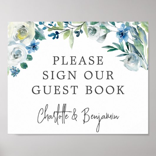 Chic Blue Spring Floral Gelieve ons gastboek te on Poster (Voorkant)