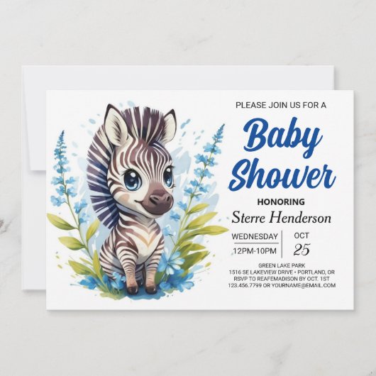 Chic Blue Surprise Zebra Boy Baby shower Kaart (Voorkant)