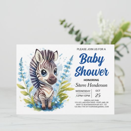 Chic Blue Surprise Zebra Boy Baby shower Kaart (Staand voorkant)