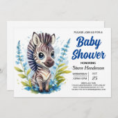 Chic Blue Surprise Zebra Boy Baby shower Kaart (Voorkant / Achterkant)