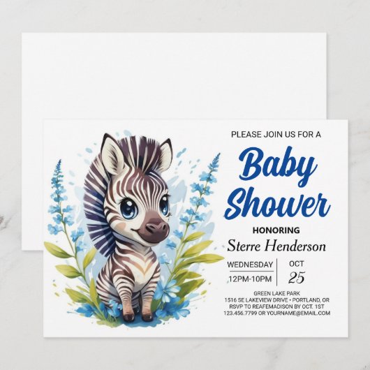 Chic Blue Surprise Zebra Boy Baby shower Kaart (Voorkant / Achterkant)