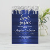 Chic Blue Sweet 16 Silver Glitter Drips Invitation Kaart (Staand voorkant)