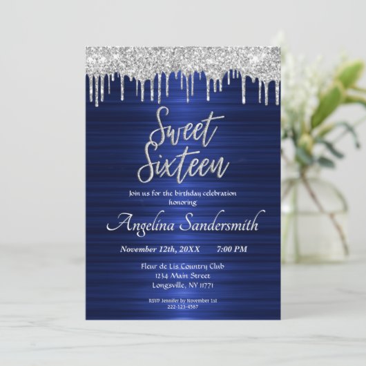 Chic Blue Sweet 16 Silver Glitter Drips Invitation Kaart (Staand voorkant)