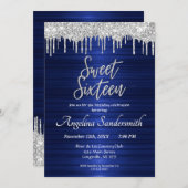 Chic Blue Sweet 16 Silver Glitter Drips Invitation Kaart (Voorkant / Achterkant)