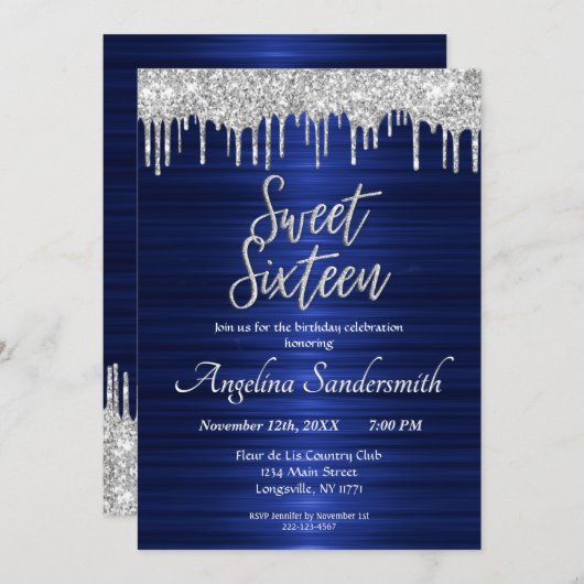 Chic Blue Sweet 16 Silver Glitter Drips Invitation Kaart (Voorkant / Achterkant)