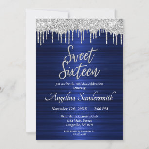 Chic Blue Sweet 16 Silver Glitter Drips Invitation Kaart