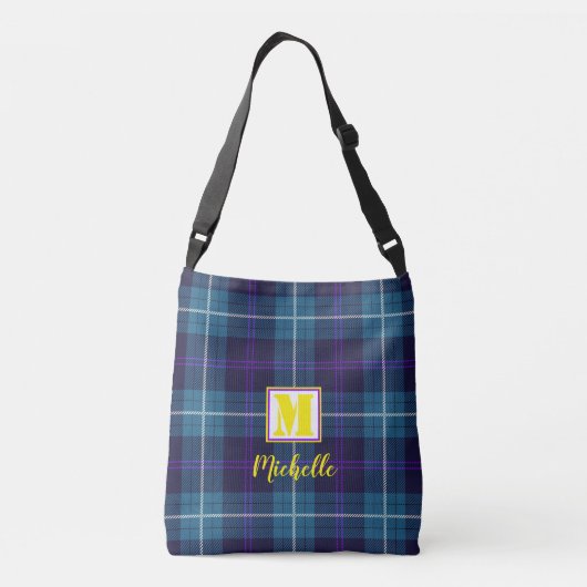 Chic Blue Tartan Persoonlijk Monogram Script Name Crossbody Tas (Achterkant)