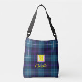 Chic Blue Tartan Persoonlijk Monogram Script Name Crossbody Tas (Voorkant)