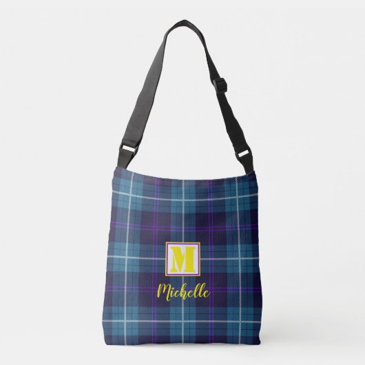 Chic Blue Tartan Persoonlijk Monogram Script Name Crossbody Tas (Voorkant)