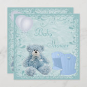 Chic Blue Teddy & Wieg Baby Boy Shower Kaart (Voorkant / Achterkant)