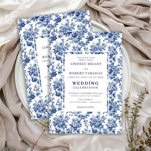 Chic Blue Toile de Jouy Elegant Wedding Invitation Kaart