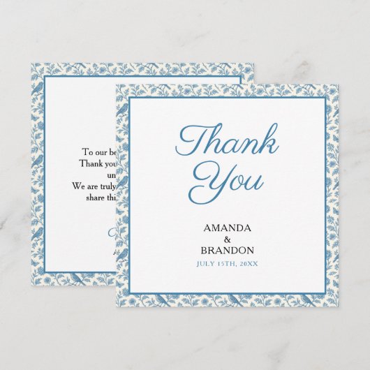 Chic Blue Toile de Jouy Floral Border Wedding Bedankkaart (Voorkant / Achterkant)