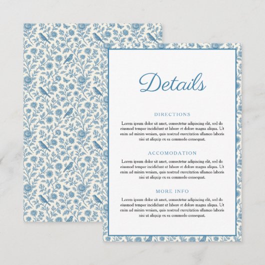 Chic Blue Toile de Jouy Floral Border Wedding Informatiekaartje (Voorkant / Achterkant)