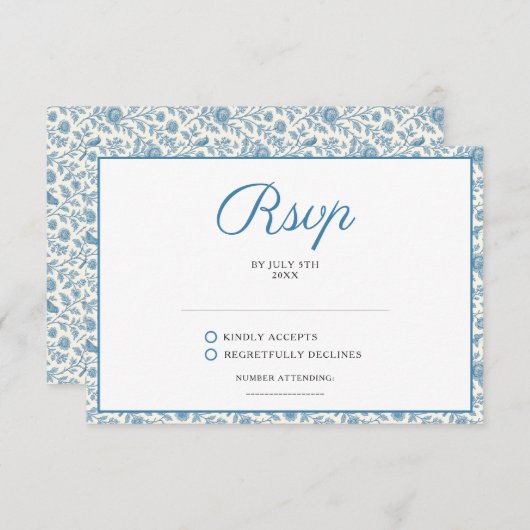 Chic Blue Toile de Jouy Floral Border Wedding RSVP Kaartje (Voorkant / Achterkant)