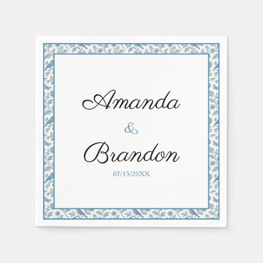 Chic Blue Toile de Jouy Floral Border Wedding Servet (Voorkant)