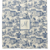 Chic Blue Toile de Jouy Village Scene Douchegordijn (Voorkant)