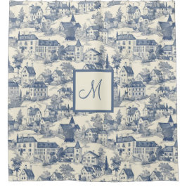 Chic Blue Toile de Jouy Village Scene Douchegordijn
